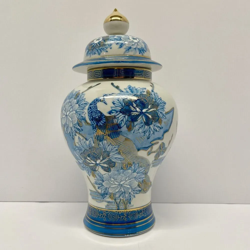 Vintage Heygill Imports Japan Peacock Ginger Jar Blue, wht & Gold Lidded-EXCL